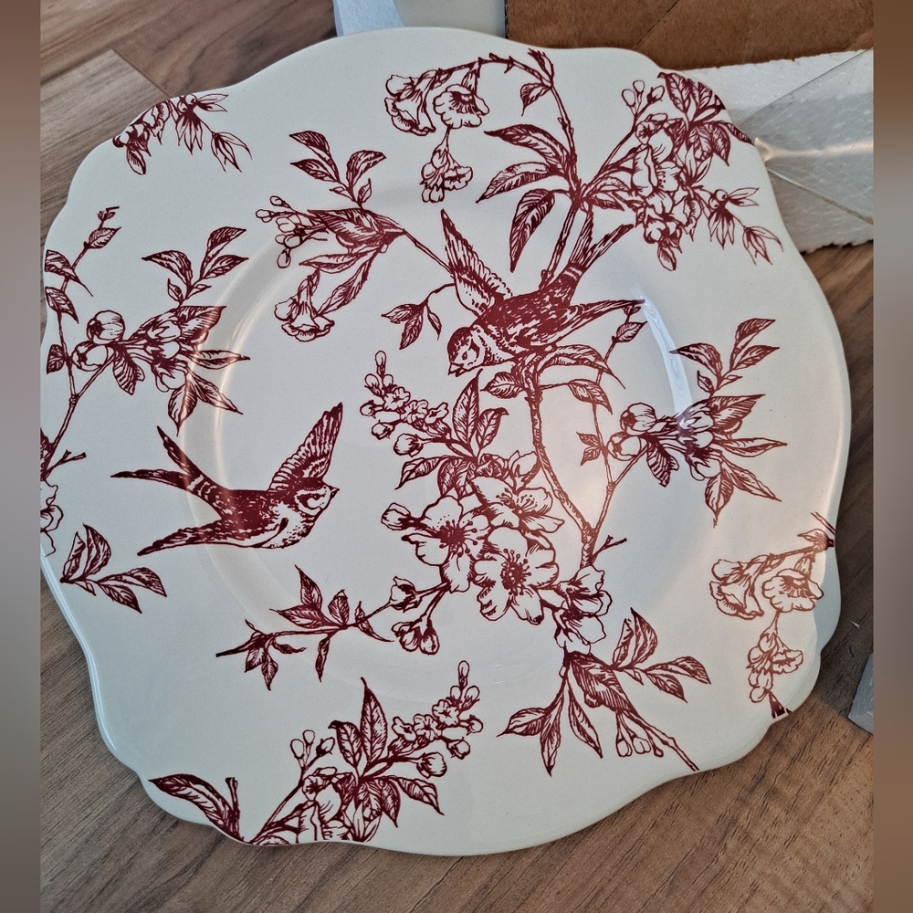 Floral Bird Print Toile Red Elisabeth Trostli Andrea Sadek Square Salad Plates